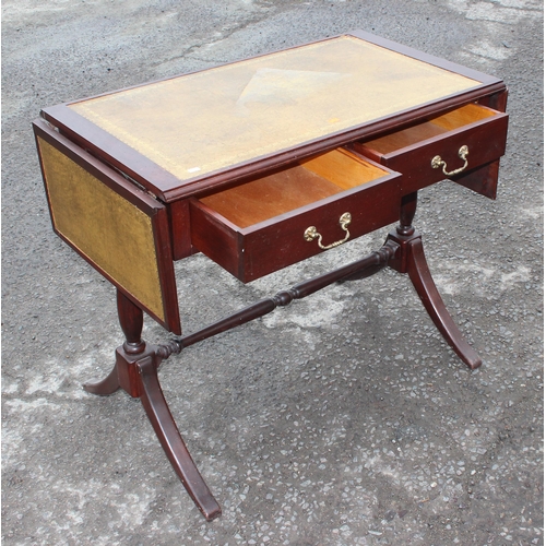 35 - A William IV style leather topped drop leaf sofa table with 2 drawers, approx 144cm wide x 51cm deep... 