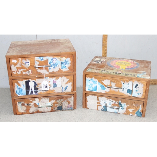 270 - 3 retro wooden chests of drawers, a 5, 3 & 2, the 5 drawer approx 35cm wide x 31cm deep x 57cm tall