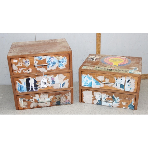 270 - 3 retro wooden chests of drawers, a 5, 3 & 2, the 5 drawer approx 35cm wide x 31cm deep x 57cm tall