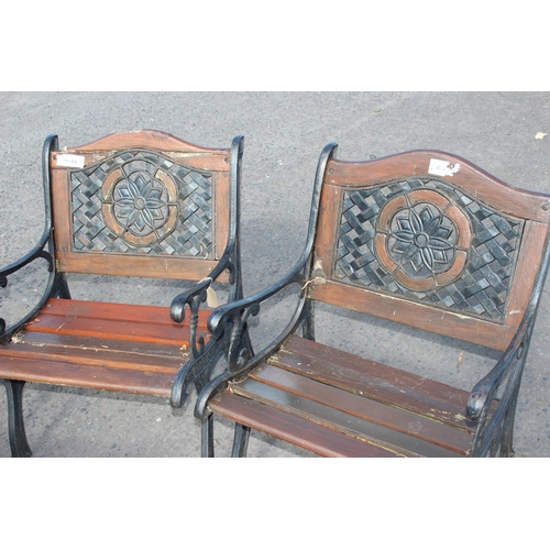 308 - 4 cast iron and wooden garden chairs and a cast iron and wooden garden table (5)