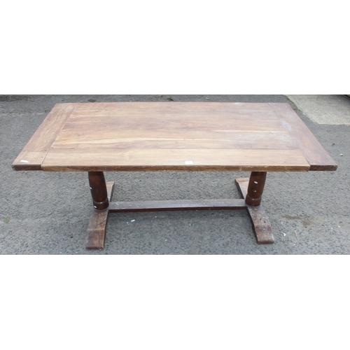 53 - A hardwood dining table and 2 matching benches, approx 180cm wide x 93cm deep x 75cm tall