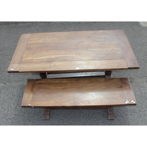 53 - A hardwood dining table and 2 matching benches, approx 180cm wide x 93cm deep x 75cm tall