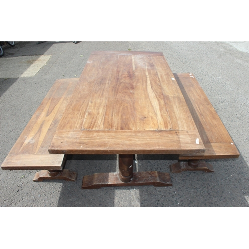 53 - A hardwood dining table and 2 matching benches, approx 180cm wide x 93cm deep x 75cm tall