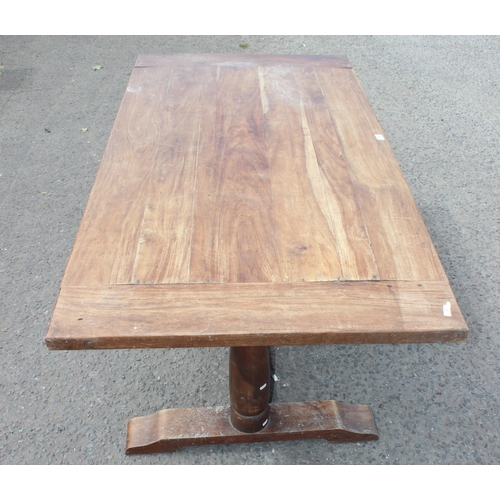 53 - A hardwood dining table and 2 matching benches, approx 180cm wide x 93cm deep x 75cm tall