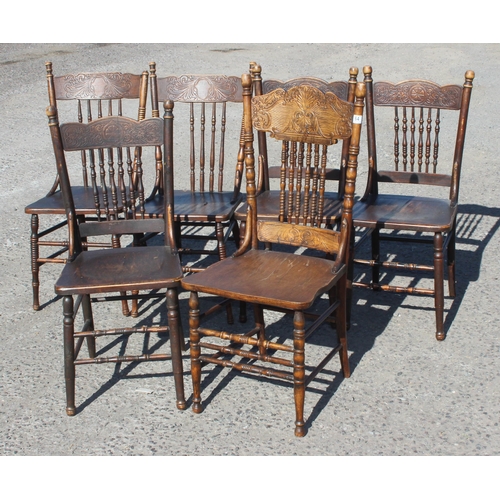 64 - 6 various spindle back Thonet style chairs with decorative carved and impressed motifs, various desi... 