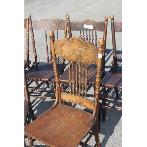 64 - 6 various spindle back Thonet style chairs with decorative carved and impressed motifs, various desi... 