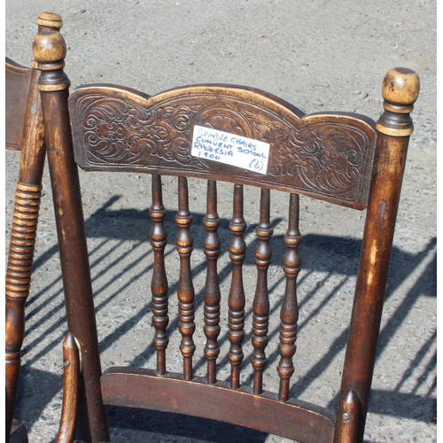 64 - 6 various spindle back Thonet style chairs with decorative carved and impressed motifs, various desi... 