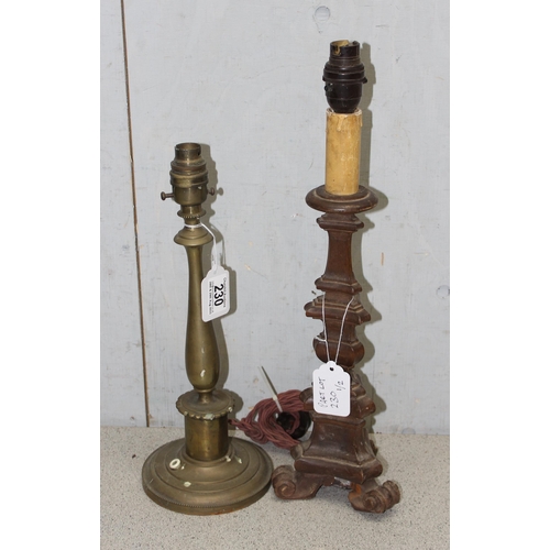 230 - 2 vintage table lamps, one brass and the other carved wood