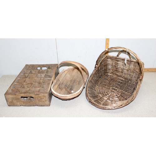 284 - Wicker trug, bamboo trug and a small wooden crate