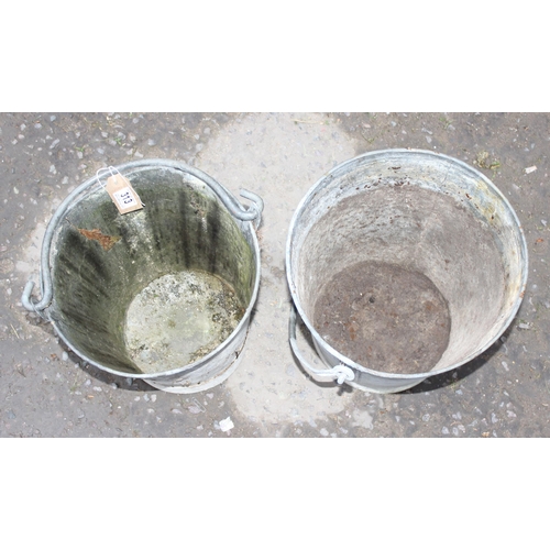 313 - 2 vintage galvanised metal buckets, more one with writing, need picture of it