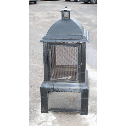 316 - A black metal fire pit or garden brazier, approx 136cm tall x 62cm square