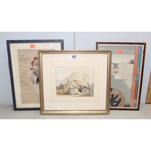 402 - 2 Japanese woodblock style prints and a watercolour depicting 2 shadowy figures near a derelict cott... 