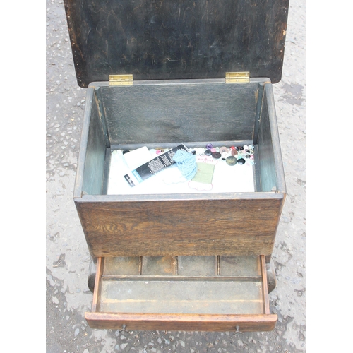 101 - A vintage oak sewing box table with tapestry top, approx 44cm wide x 36cm deep x 63cm tall