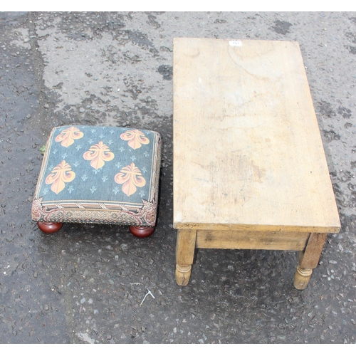 102 - A small tapestry topped foot stool and a light oak low table (2)