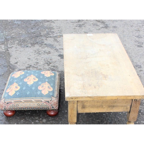 102 - A small tapestry topped foot stool and a light oak low table (2)