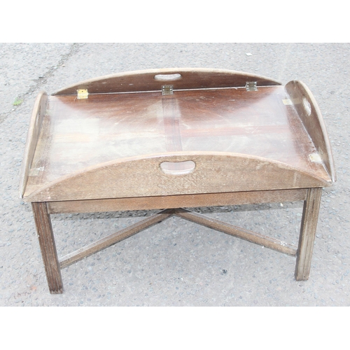 115 - A vintage mahogany butler's tray on stand, approx 113cm wide x 87cm deep x 41cm tall