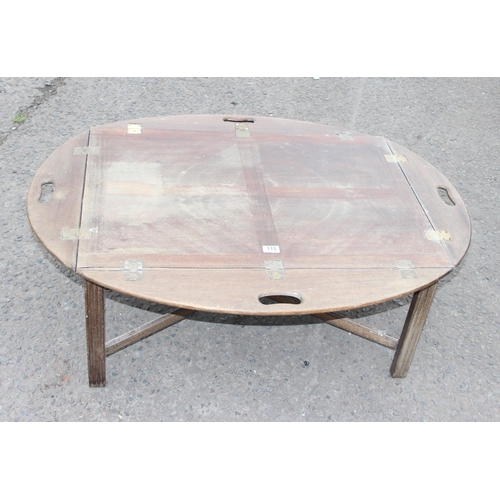 115 - A vintage mahogany butler's tray on stand, approx 113cm wide x 87cm deep x 41cm tall