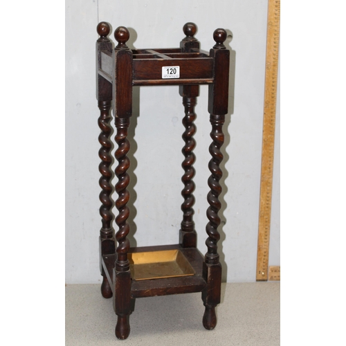 120 - Vintage oak stick stand with barleytwist supports and drip tray