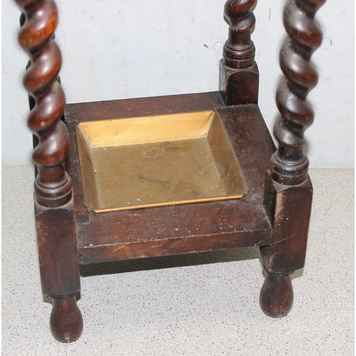 120 - Vintage oak stick stand with barleytwist supports and drip tray