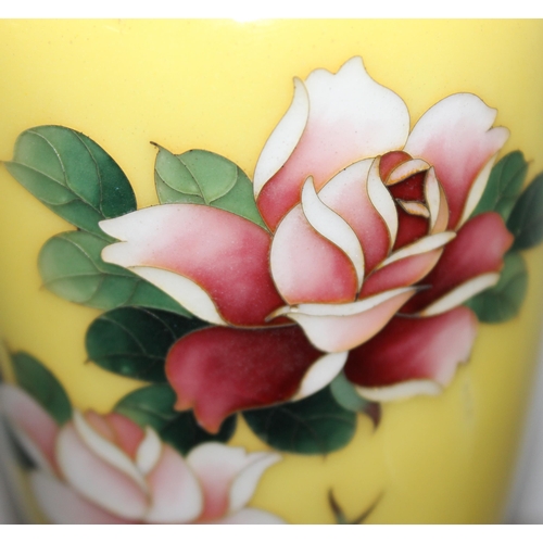 1610 - A Japanese yellow cloisonné vase decorated with roses and chrome mounts, Ando mark to base, approx 1... 