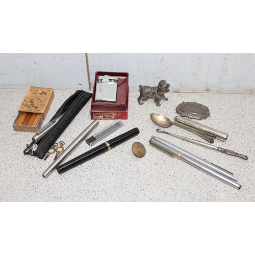 1611 - Assortment of small misc items to incl Ronson lighter in original box, pens, silver spoon etc