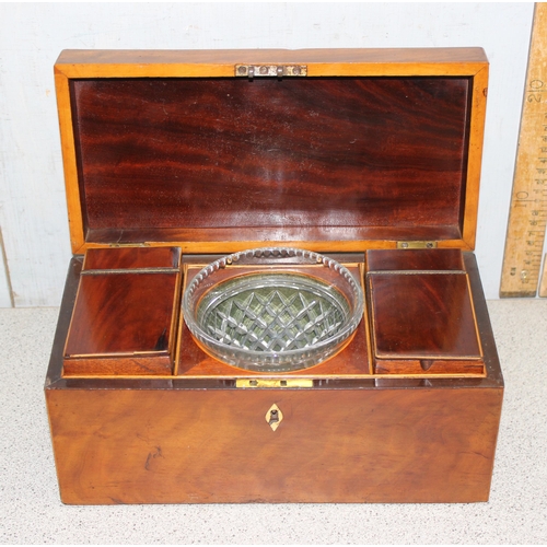 285 - An antique mahogany tea caddy with interior consisting of 2 compartments and a cut glass bowl, appro... 