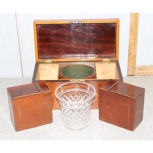 285 - An antique mahogany tea caddy with interior consisting of 2 compartments and a cut glass bowl, appro... 