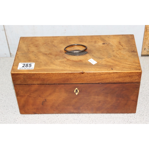 285 - An antique mahogany tea caddy with interior consisting of 2 compartments and a cut glass bowl, appro... 