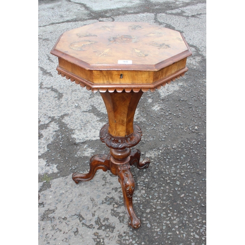 98 - A Victorian walnut trumpet shaped sewing table with marquetry inlay, approx 45cm wide x 76cm tall