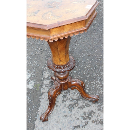 98 - A Victorian walnut trumpet shaped sewing table with marquetry inlay, approx 45cm wide x 76cm tall