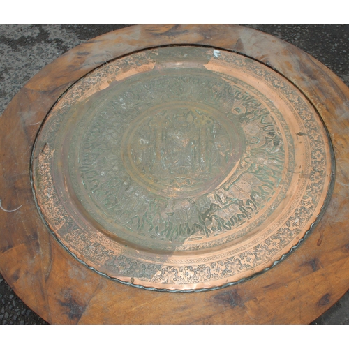 99 - An unusual brass tray table with circular brass Benares tray in bespoke made wooden table, approx 92... 