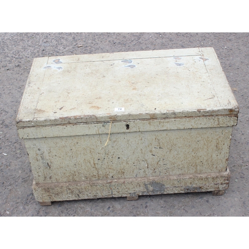 74 - An antique painted pine tool box or trunk, approx 89cm wide x 53cm deep x 47cm tall