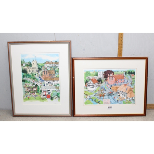 480 - Of local interest, 2 framed vintage montage prints of East Hagbourne by L. Benton (11/150) and (50/2... 