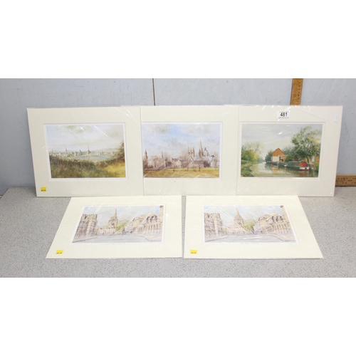 481 - 5 unframed prints of oxford, 4 By KJ Messer and 1 by Valerie Potts approx 26cm x 19cm