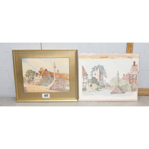 485 - Of local interest, A watercolour of East Hagbourne signed H. Russell 1919 and an overpainted print s... 