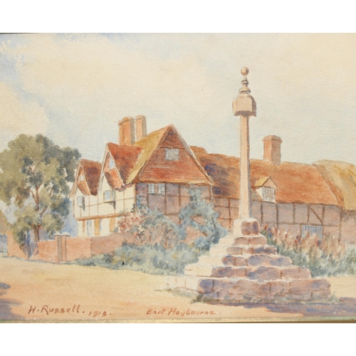 485 - Of local interest, A watercolour of East Hagbourne signed H. Russell 1919 and an overpainted print s... 