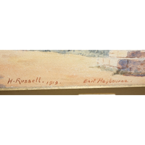 485 - Of local interest, A watercolour of East Hagbourne signed H. Russell 1919 and an overpainted print s... 