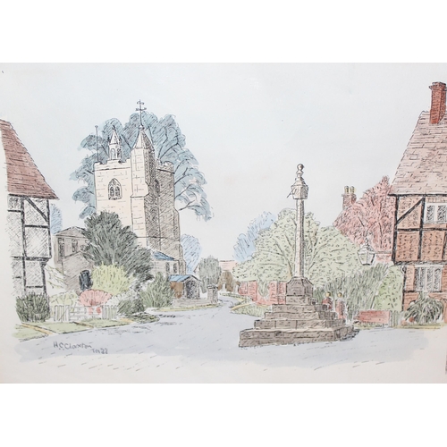 485 - Of local interest, A watercolour of East Hagbourne signed H. Russell 1919 and an overpainted print s... 