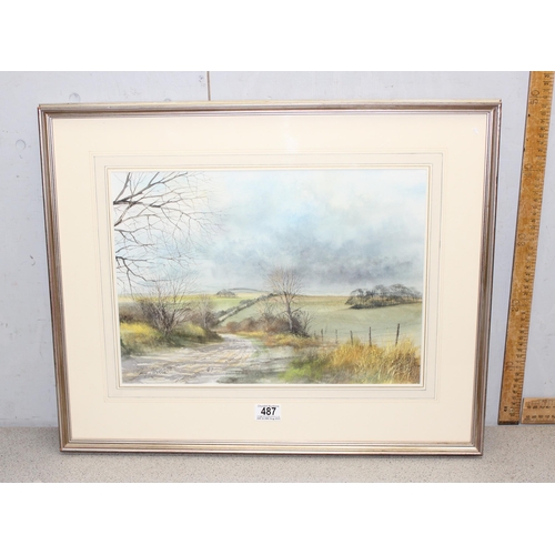 487 - Ken J. Messer (1931–2018) original watercolour titled verso 'The ridgeway above Harwell' approx 43cm... 