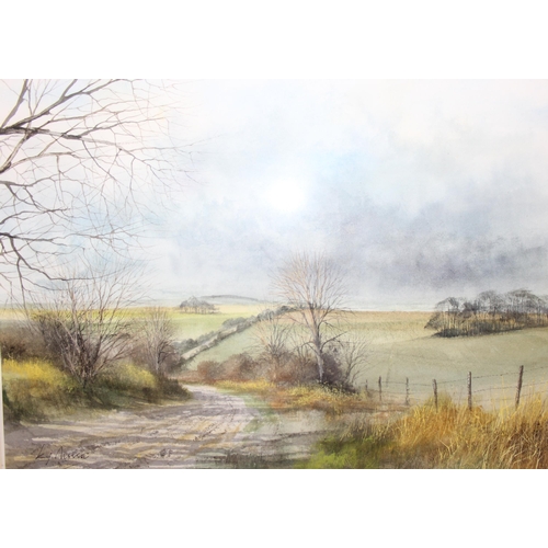 487 - Ken J. Messer (1931–2018) original watercolour titled verso 'The ridgeway above Harwell' approx 43cm... 