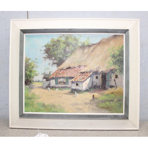 493 - Framed oil on canvas of a thatched cottage, unsigned, with framers label to verso approx 29cm x 24cm