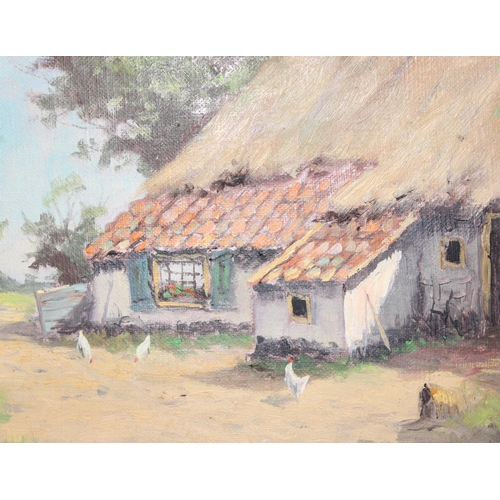 493 - Framed oil on canvas of a thatched cottage, unsigned, with framers label to verso approx 29cm x 24cm