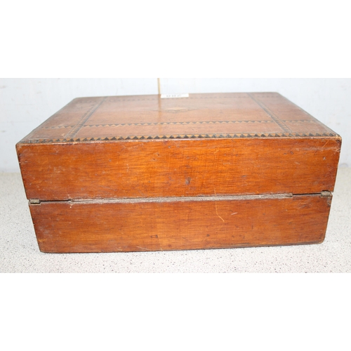 288 - An antique wooden writing slope with geometric inlay, approx 30 x 22 x 12cm