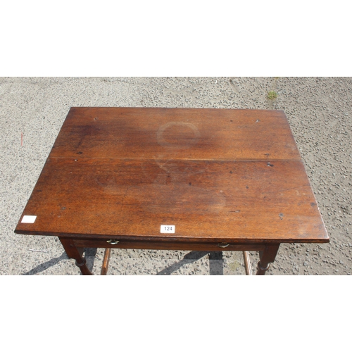 124 - An antique oak console table with single drawer and turned legs, approx 87cm wide x 61cm deep x 72cm... 