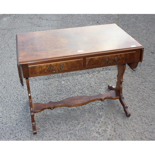 125 - A vintage walnut drop flap sofa table with 2 drawers, approx 147cm wide x 59cm deep x 75cm tall