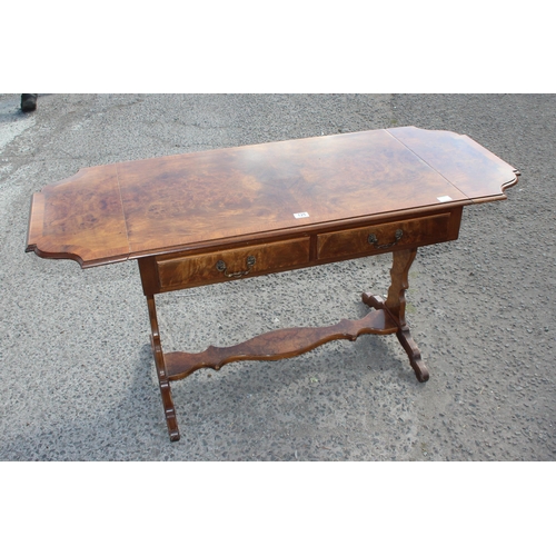 125 - A vintage walnut drop flap sofa table with 2 drawers, approx 147cm wide x 59cm deep x 75cm tall