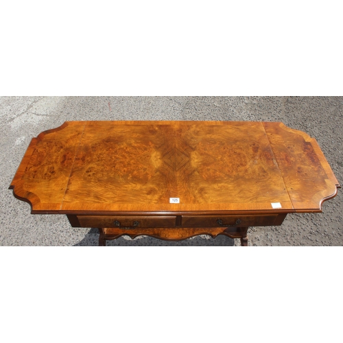 125 - A vintage walnut drop flap sofa table with 2 drawers, approx 147cm wide x 59cm deep x 75cm tall