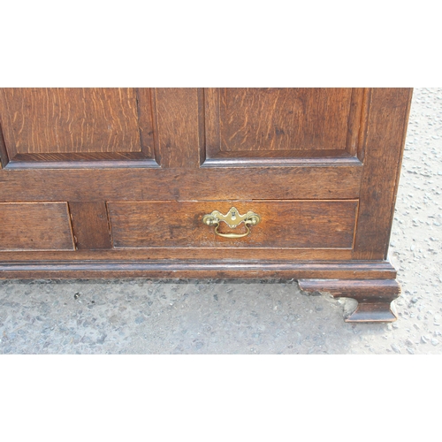 126 - An antique oak mule chest or coffer with 2 drawers, approx 118cm wide x 52cm deep x 77cm tall