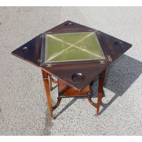 129 - A late Victorian or Edwardian Rosewood and Marquetry-Inlaid Envelope Card Table c.1900, with four pi... 