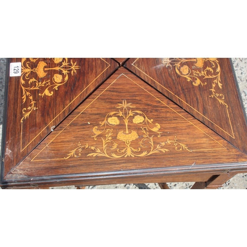 129 - A late Victorian or Edwardian Rosewood and Marquetry-Inlaid Envelope Card Table c.1900, with four pi... 